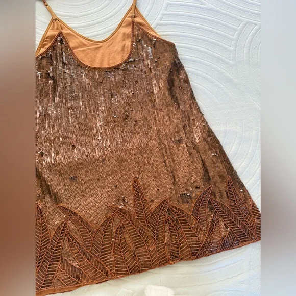 Copper Color Sequin and Beadwork Mini Dress lined holiday bling - Picture 12 of 14